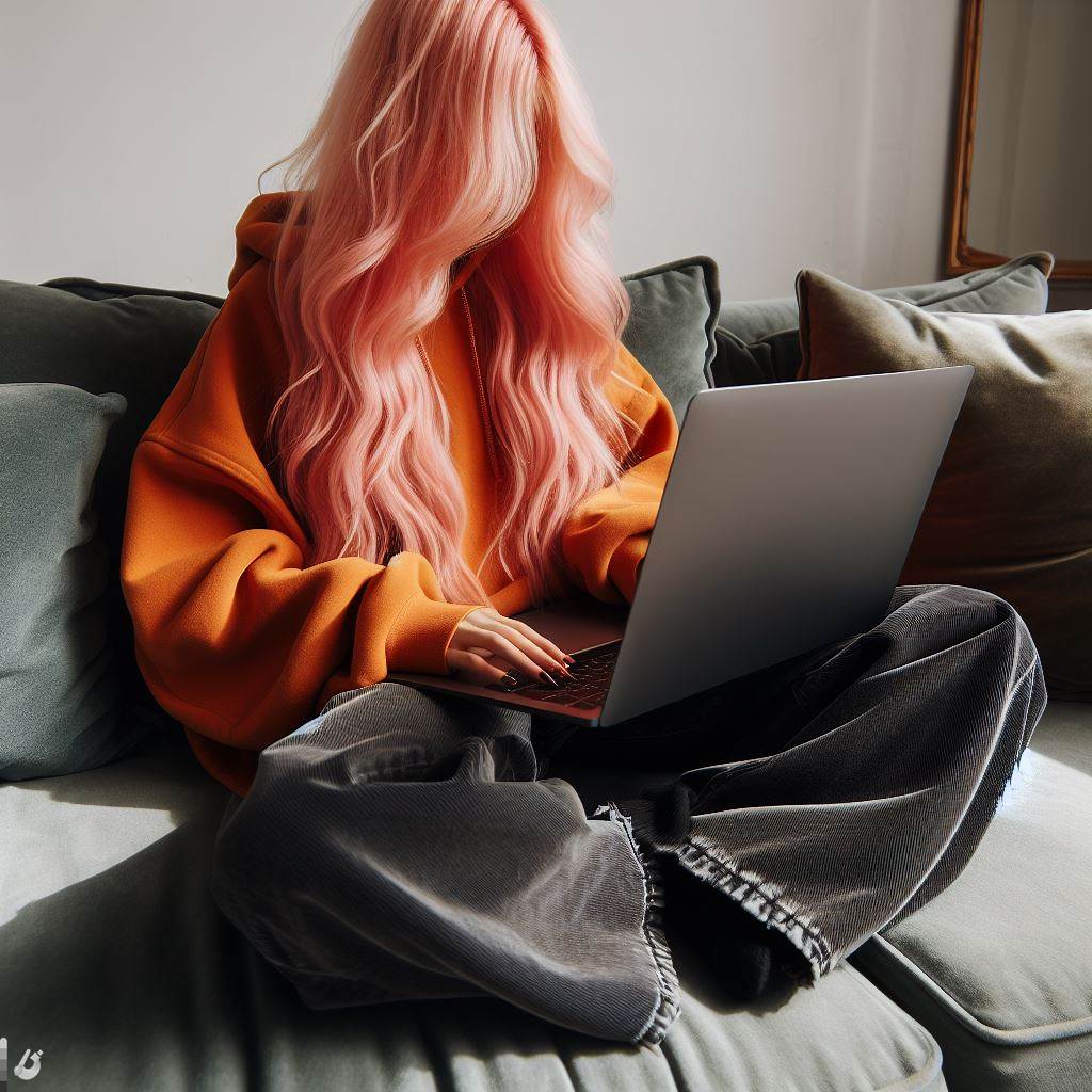 a woman with long orange hair works on a laptop and you can't see her face. she has big ass black jnco jeans and is writing a newsletter.