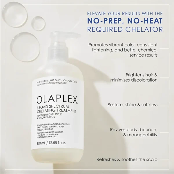 Olaplex Broad Spectrum Chelating Treatment bottle with text highlighting benefits like brightening, restoring shine, and soothing the scalp.