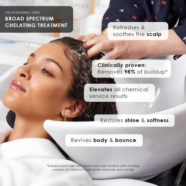 a woman gets her hair washed in a shampoo bowl with square blocks of text outlining the benefits of chelation treatments