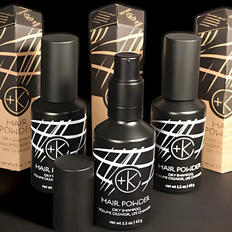 Cult+King Hair Powder — sleek black bottles of dry shampoo and volumizer with white geometric designs, shown alongside branded cardboard packaging.