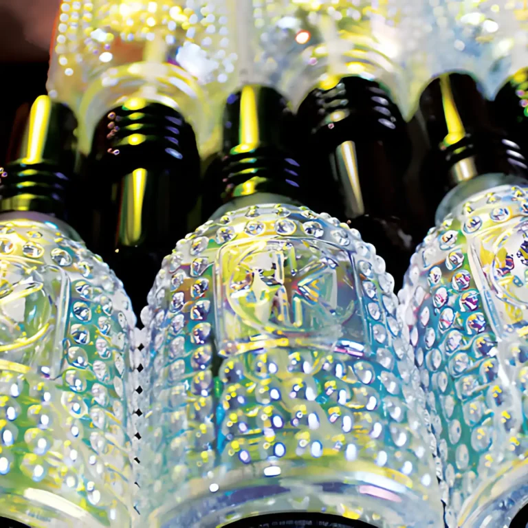 mini holographic bottles stacked back and forth and looking beautifully rainbow colorful with a black sprayer with a lid.