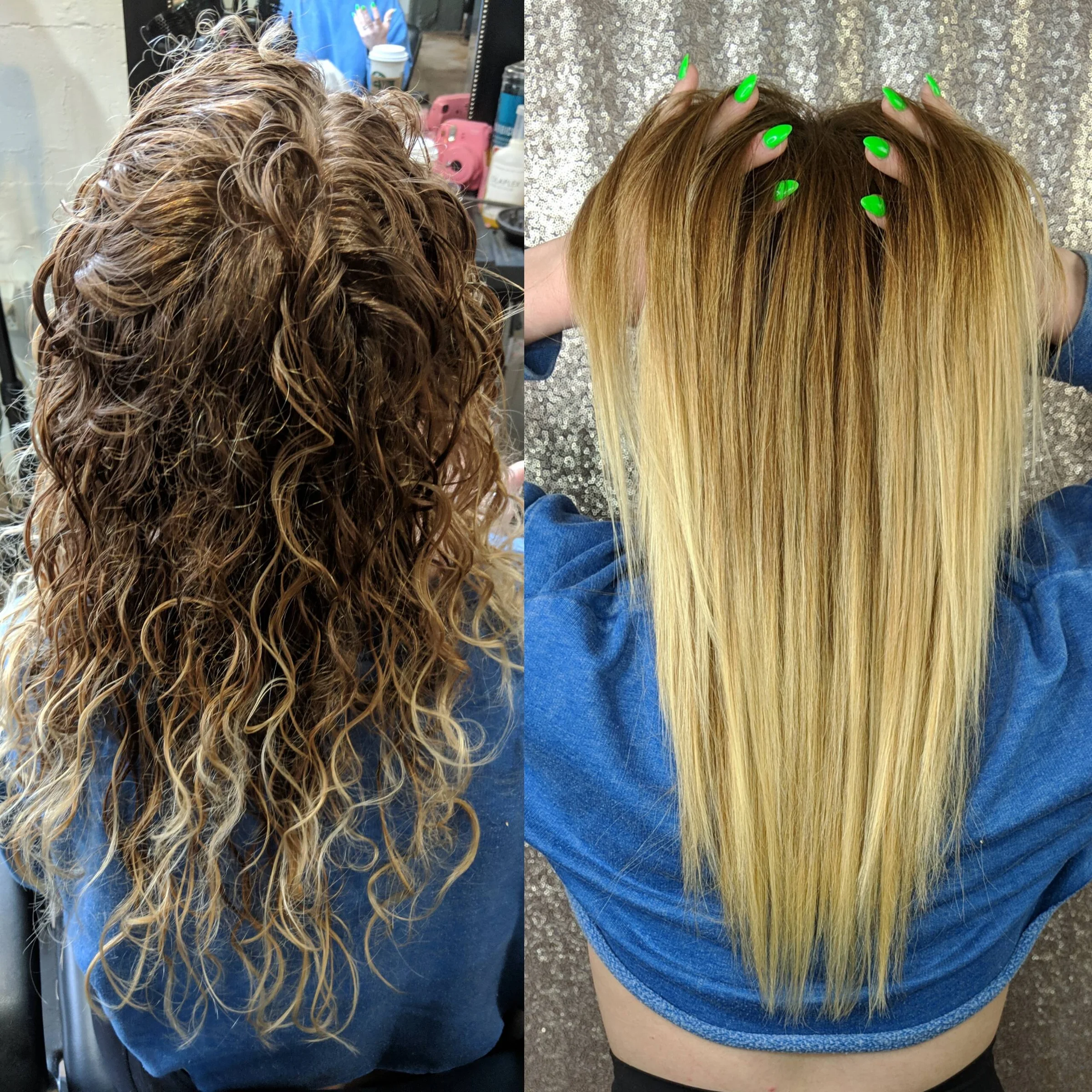 Curly blonde hair balayage salon