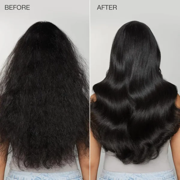 before and after of thick coarse frizzy hair, lookin rough before and hella smooth and strong after.
