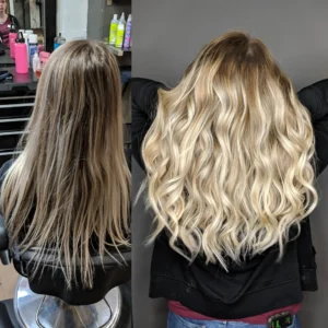 Before & after photo of a Master Reset healthy blonde using bond-building and detox treatments by Erin Reye Hair in Ukiah, CA
