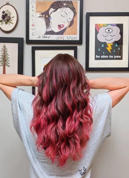 Red hair long hair salon balayage