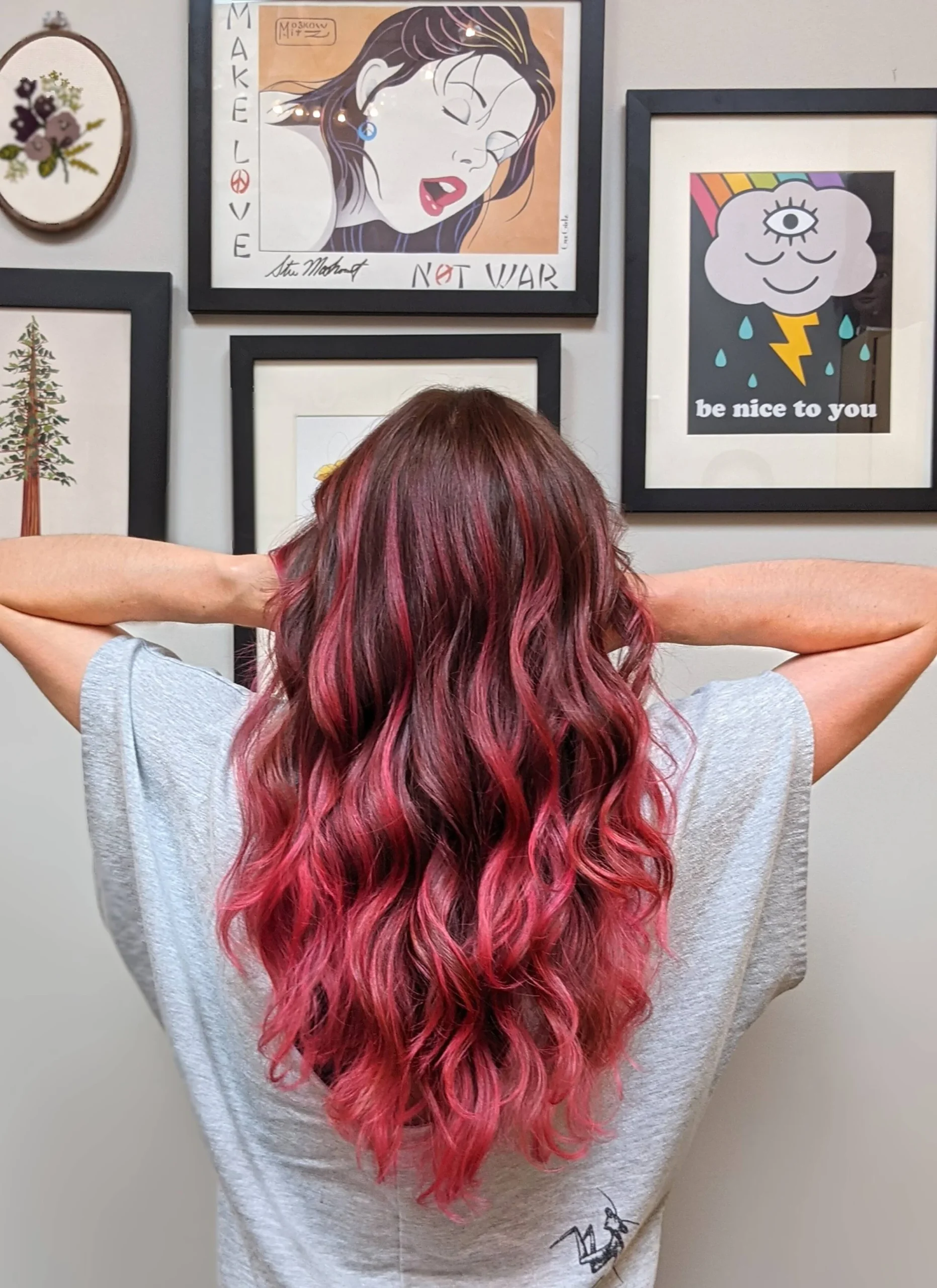 Red hair long hair salon balayage