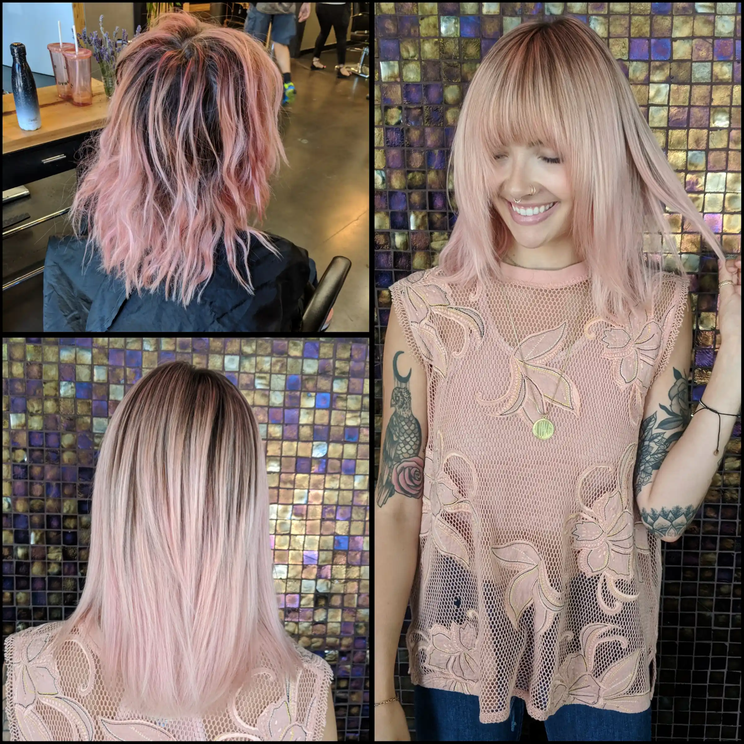 Before-and-after collage showing a woman with faded, uneven pink hair transformed into a smooth pastel pink style with bangs, smiling and holding her hair.