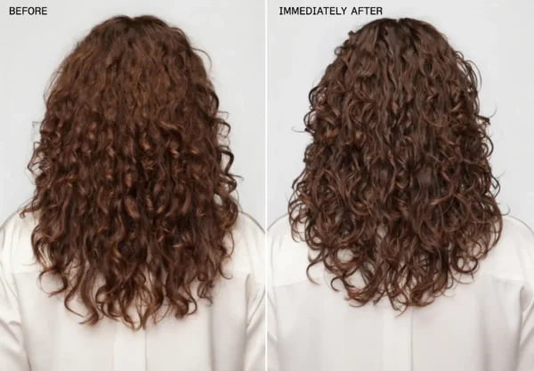 a before and after of curly hair using the olaplex curl rebuilding treatment. the hair is a warm brown and just past the shoulders. the hair looks shorter from shrinkage in the second picture because the curls are more defined and springy