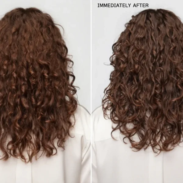 a before and after of curly hair using the olaplex curl rebuilding treatment. the hair is a warm brown and just past the shoulders. the hair looks shorter from shrinkage in the second picture because the curls are more defined and springy