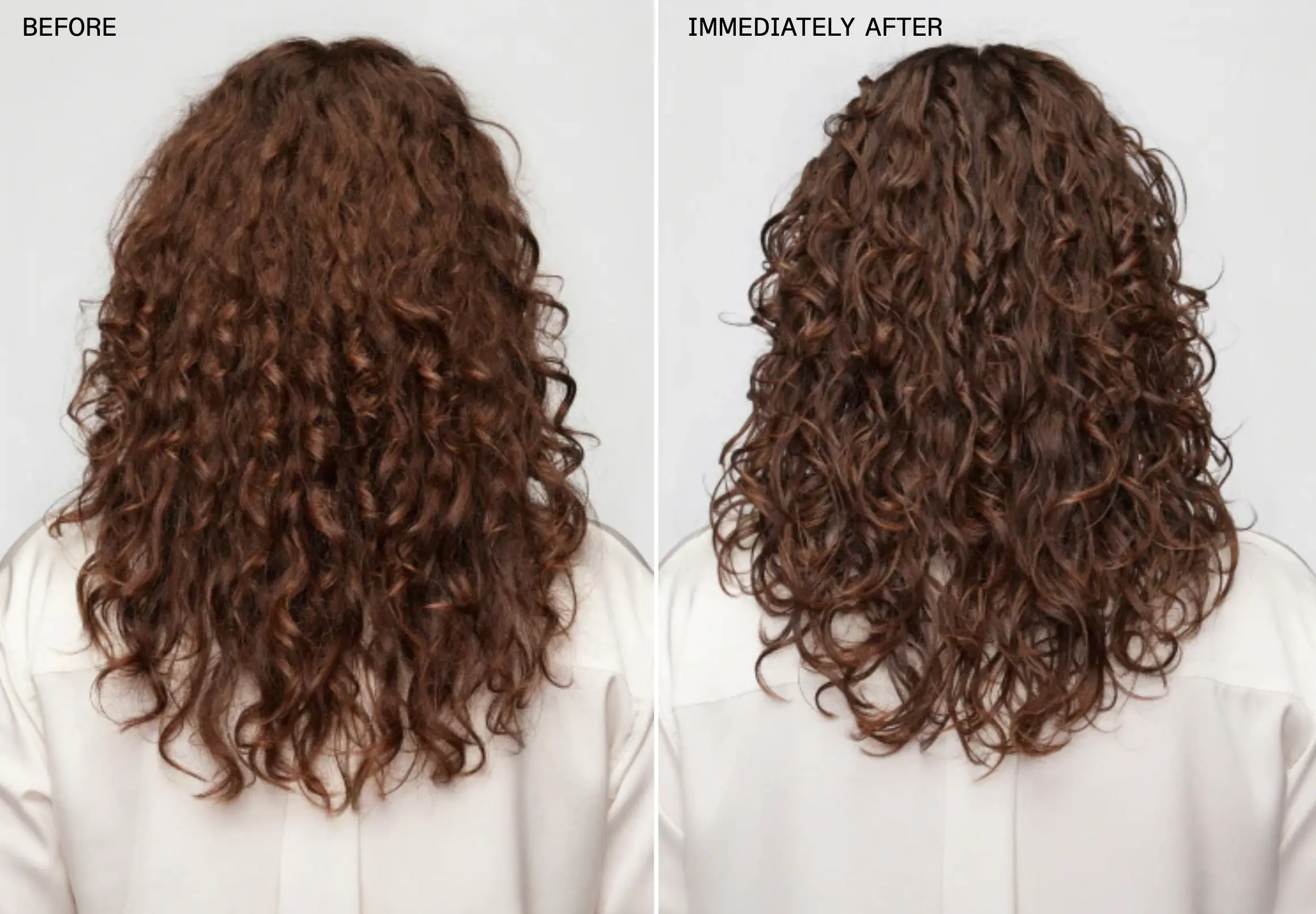 a before and after of curly hair using the olaplex curl rebuilding treatment. the hair is a warm brown and just past the shoulders. the hair looks shorter from shrinkage in the second picture because the curls are more defined and springy