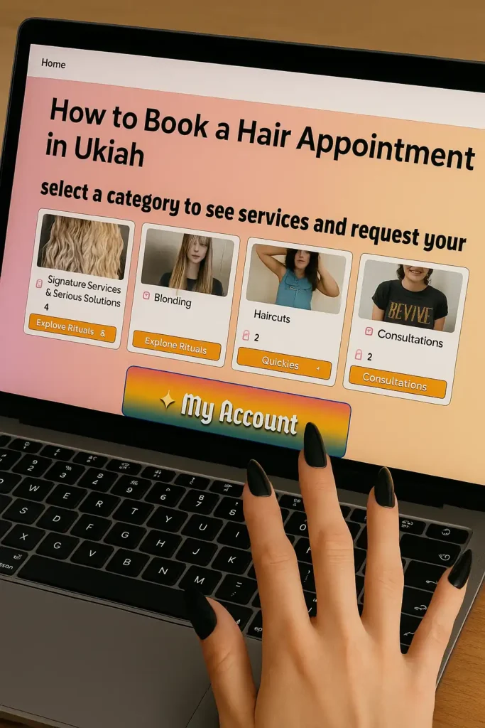 Hand with black nails using Erin Reye Hair online booking system to schedule a hair appointment in Ukiah.
