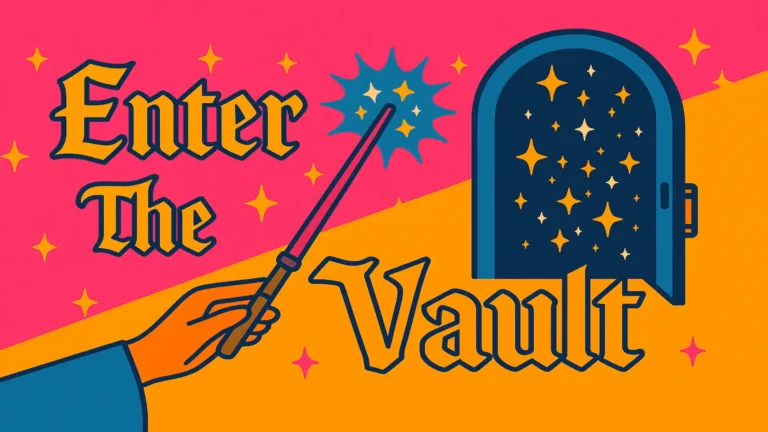 Bold graphic with the words “Enter The Vault” in gothic lettering. A magical hand holds a wand, pointing toward an arched vault door glowing with golden sparkles. The background is split into bright pink and orange, aligning with Erin Reye Hair’s maximalist brand style.