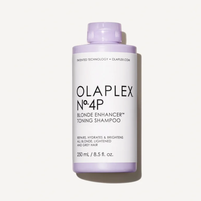 a putple bottle of olaplex 4p blonde toning purple shampoo, it's a purple bottle and a white background