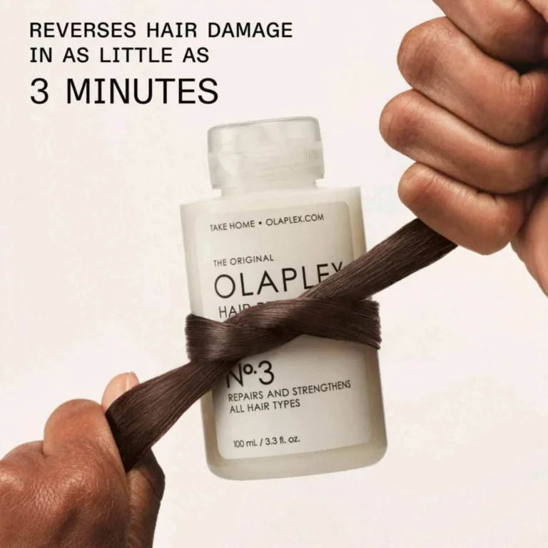Hands holding hair wrapped around Olaplex No.3 bottle promoting repair treatment in 3 minutes.