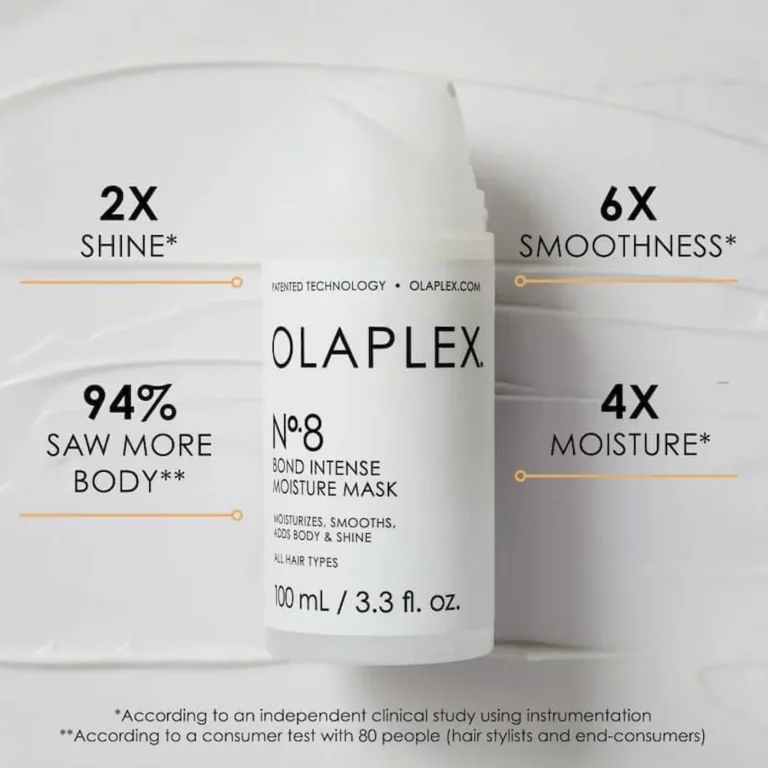 Bottle of Olaplex No. 8 Bond Intense Moisture Mask surrounded by smears of white cream with stats highlighting its benefits like 6x smoothness and 4x moisture.