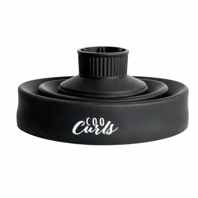 Black CooCurls Collapsible Diffuser collapsed flat for travel, logo visible, on white background.