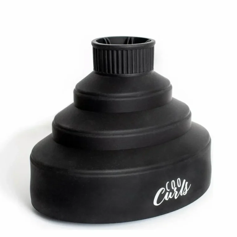 Black CooCurls Collapsible Diffuser fully expanded, made from heat-safe silicone, shown on white background.