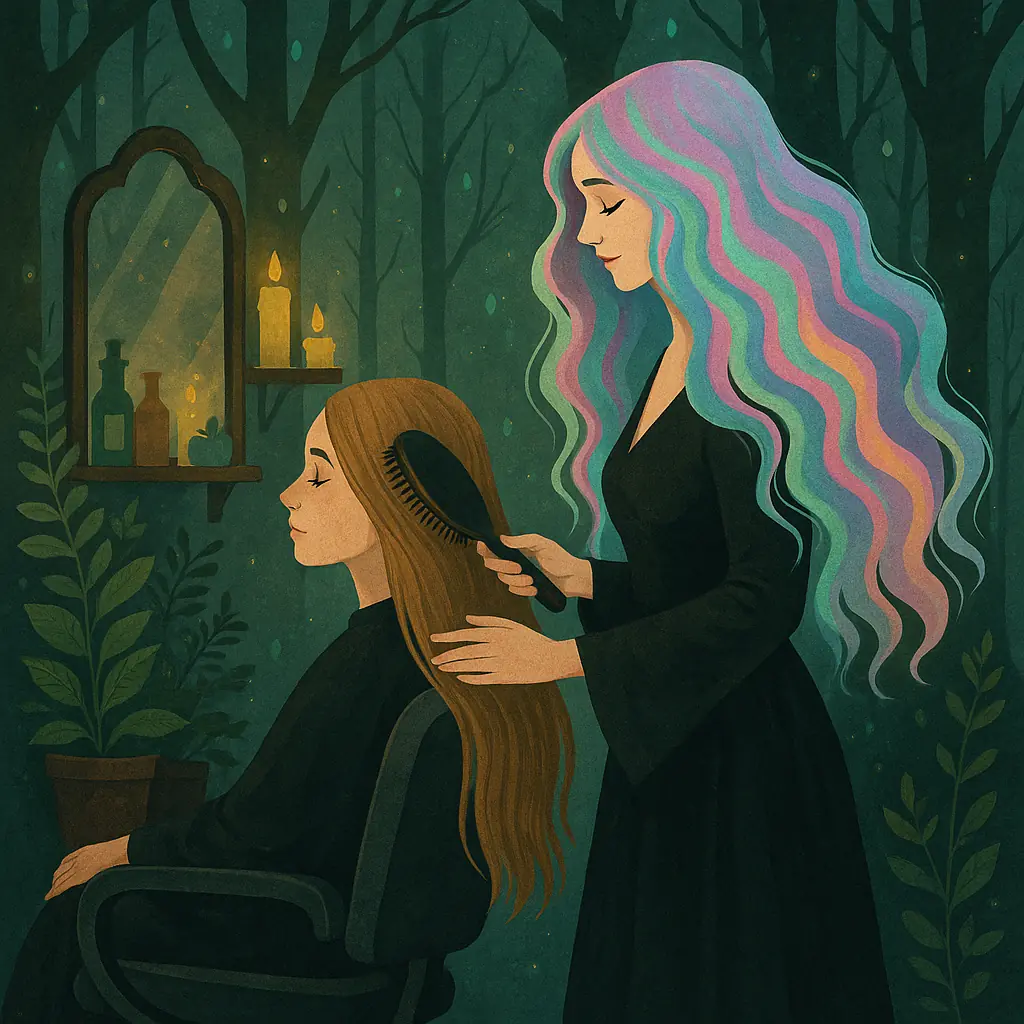 Enjoying the exclusive hair & scalp transformation ritual - the master reset. Pastel rainbow-haired hairstylist in a magical forest salon, brushing a guest’s hair in a vintage chair surrounded by glowing plants and enchanted light