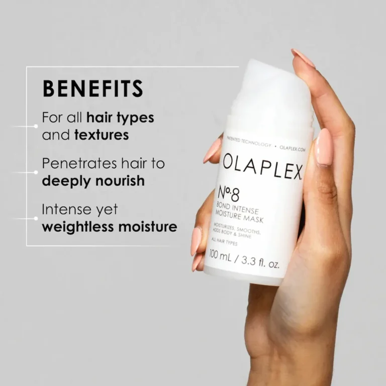 A hand with a neutral manicure holding a bottle of Olaplex No. 8, with text callouts listing benefits like intense yet weightless moisture for all hair types.