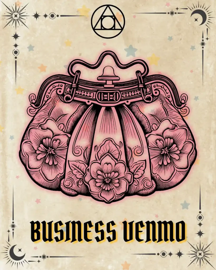 Business Venmo tarot card illustration with vintage floral coin purse, parchment background, Erin Reye Hair.