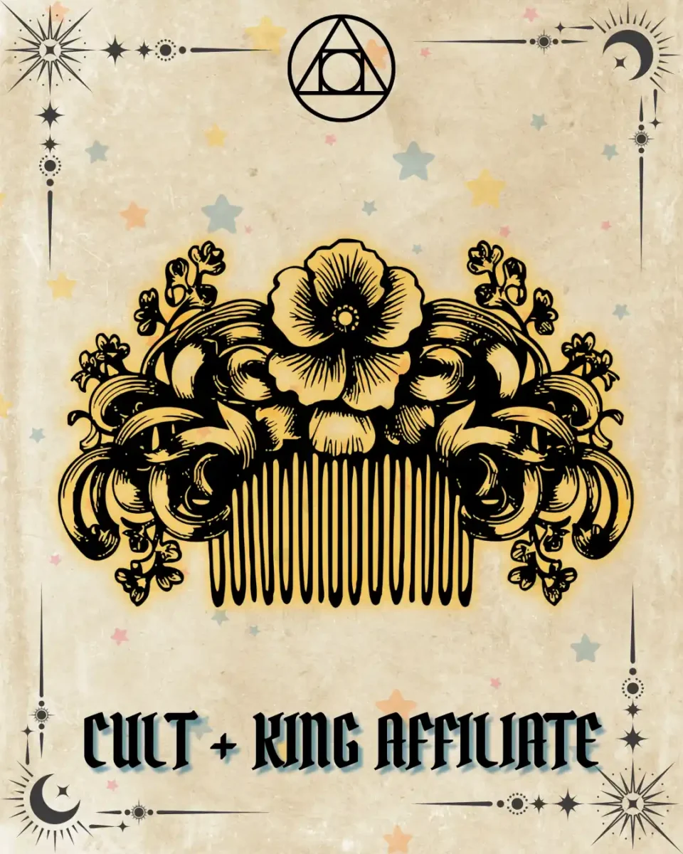 Cult + King Affiliate tarot card illustration with ornate floral comb design, parchment background, Erin Reye Hair.