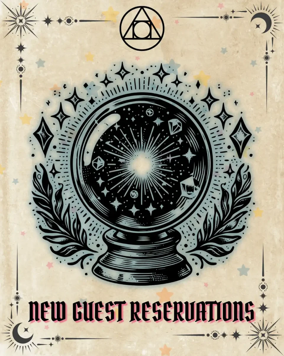 Reserve a Ritual tarot card illustration with crystal ball glowing among stars, parchment background, Erin Reye Hair.