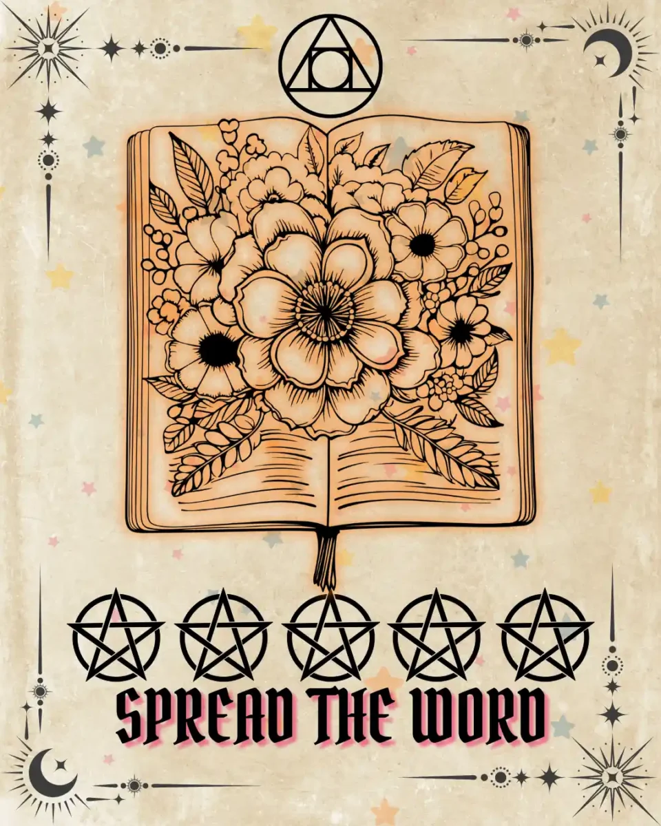 Spread the Word tarot card illustration with open book and flowers, pentacles below, parchment background, Erin Reye Hair.