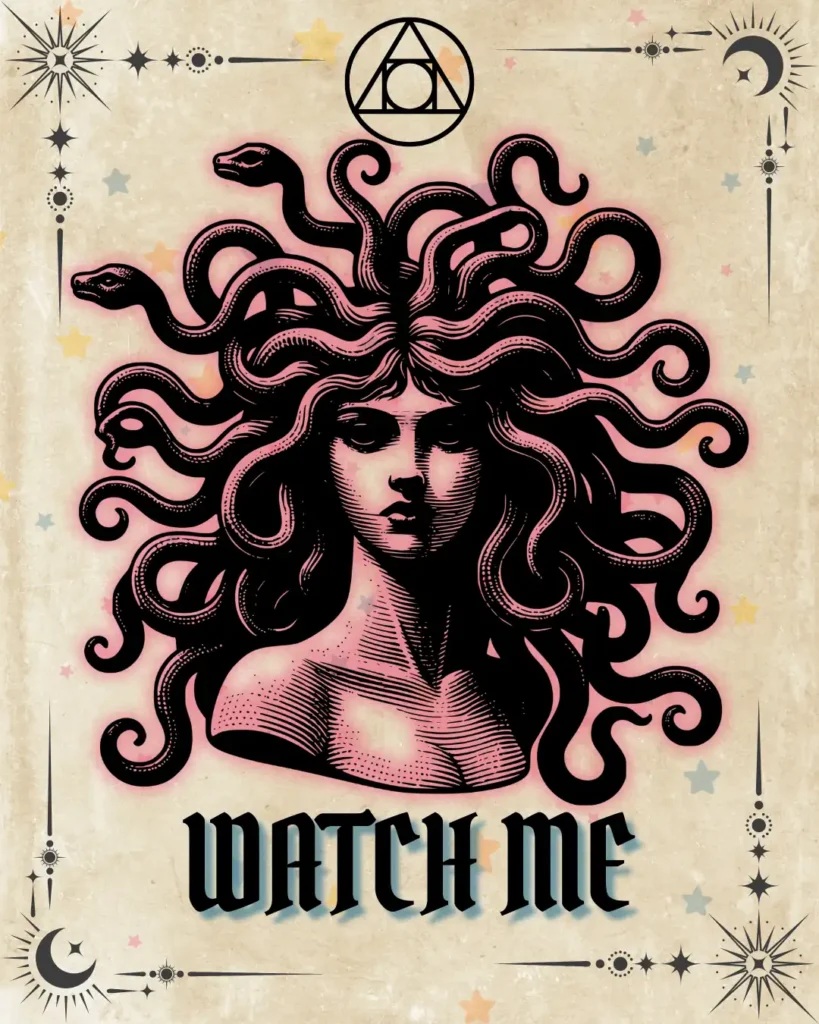 Watch Me tarot card illustration with Medusa head design, parchment background, Erin Reye Hair.