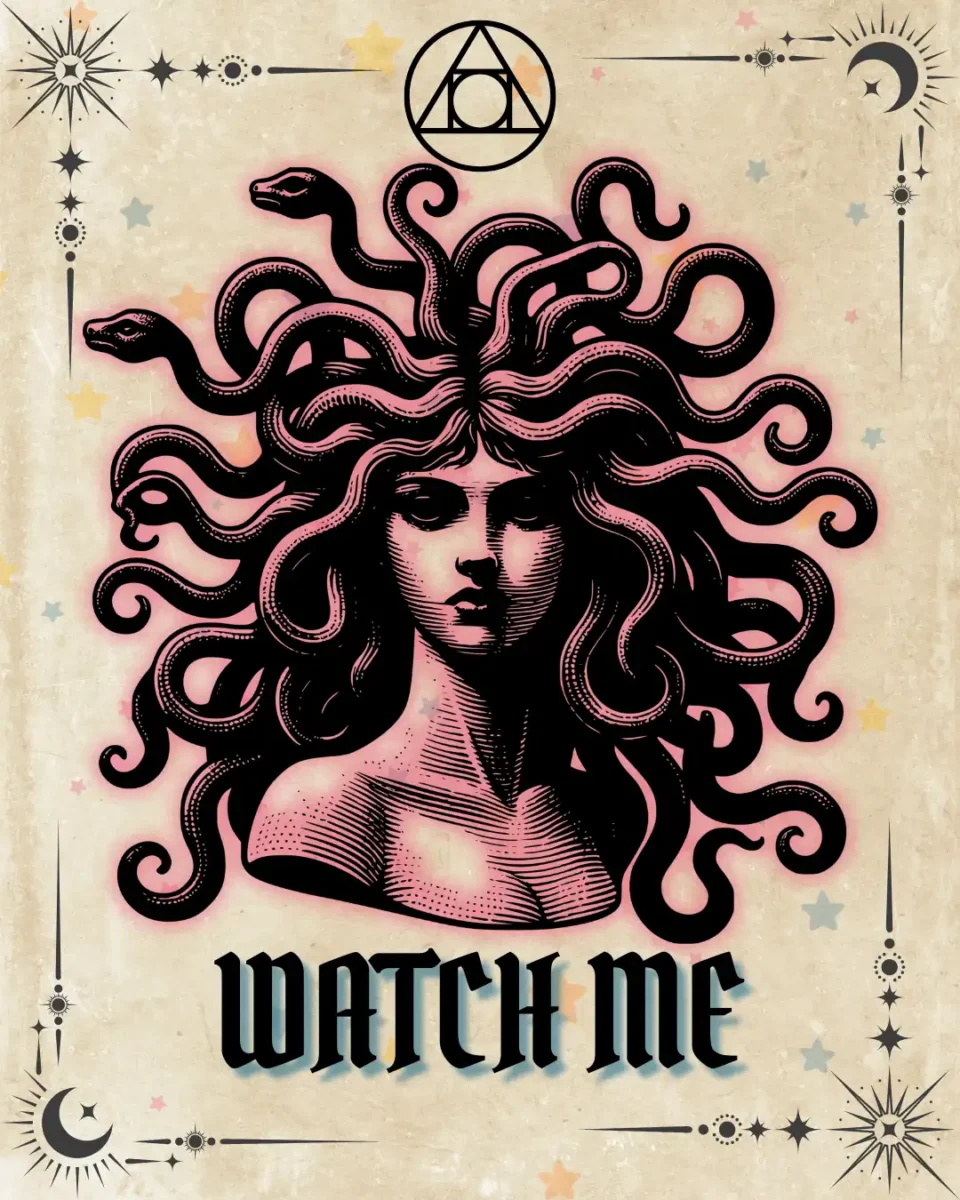 Watch Me tarot card illustration with Medusa head design, parchment background, Erin Reye Hair.