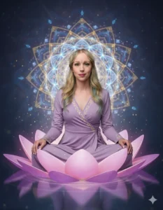 erin has a mandala behind her and is sitting in the lotus position, on a lotus, ai generated