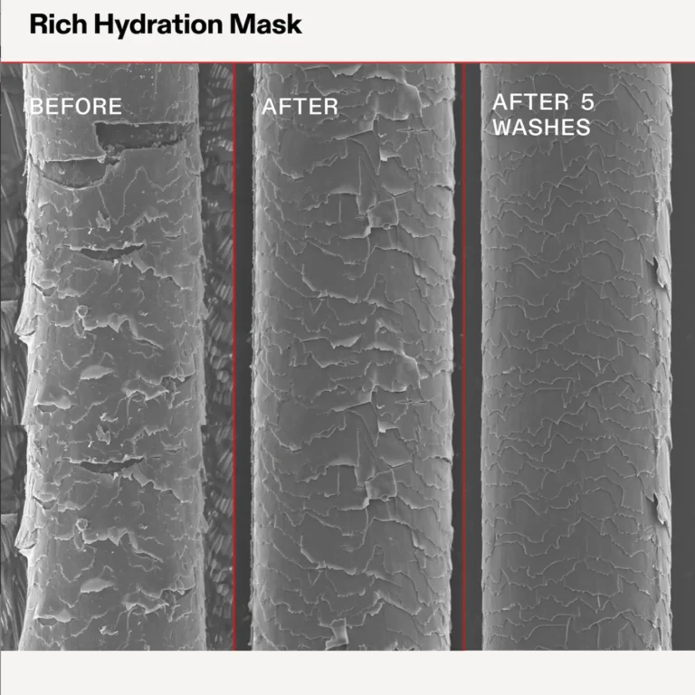 Science-backed image: Scanning Electron Microscope (SEM) view of a hair cuticle before and after 5 washes with Olaplex Rich Hydration Mask, showing the dramatic smoothing and sealing effect.