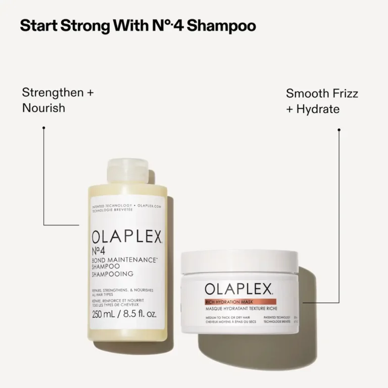 Side-by-side product display of Olaplex No.4 Bond Maintenance Shampoo and the Rich Hydration Mask, emphasizing a routine for strengthening, nourishing, and smooth frizz control.