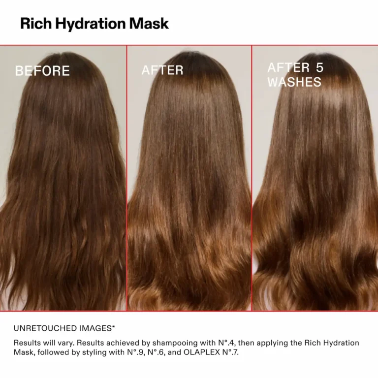 Before and after photo of straight brown hair treated with Olaplex Rich Hydration Mask, showing improved shine and smoothness even after 5 washes.