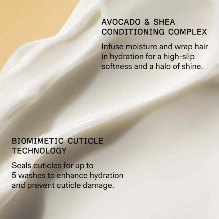 Close-up of Olaplex Rich Hydration Mask texture detailing star ingredients: Avocado & Shea conditioning complex for moisture and shine, and Biomimetic Cuticle Technology for long-lasting hydration.