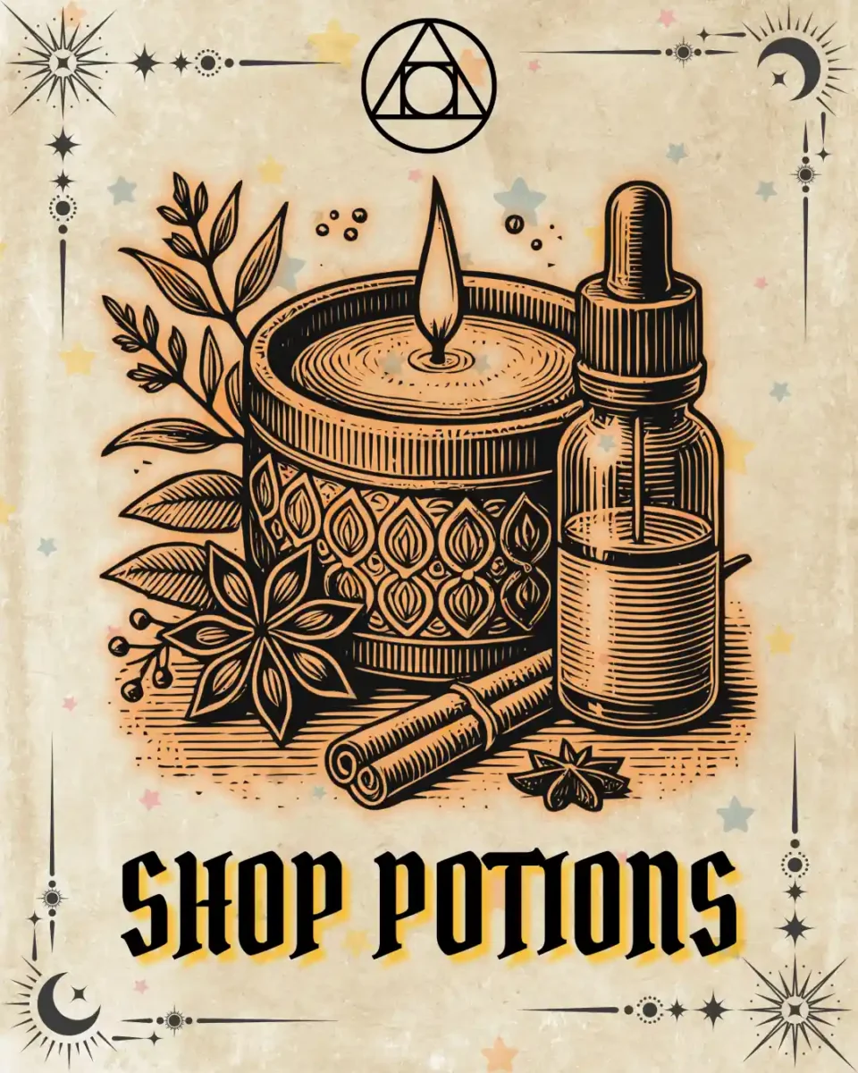 Shop potions tarot card illustration with a lit candle, herbs, and a dropper bottle.