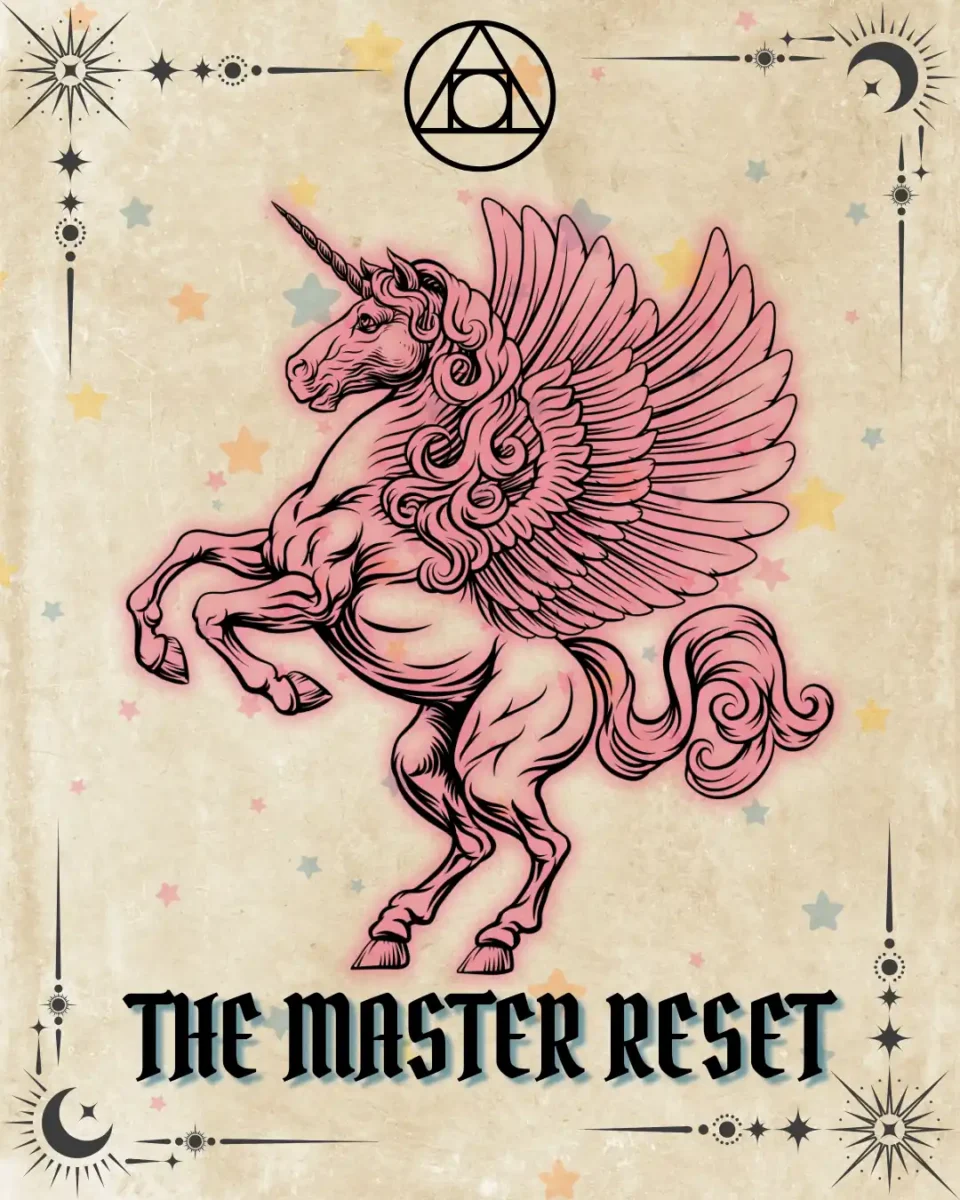 The Master Reset tarot card illustration featuring a rearing winged unicorn with glowing aura, parchment background, Erin Reye Hair.