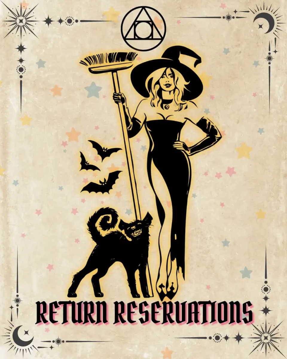 Return Reservations tarot card illustration with witch holding broom, black cat and bats, parchment background, Erin Reye Hair.