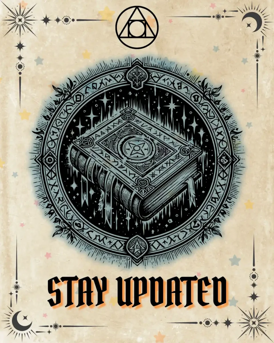 Stay Updated tarot card illustration with enchanted book surrounded by runes and celestial symbols, parchment background, Erin Reye Hair.
