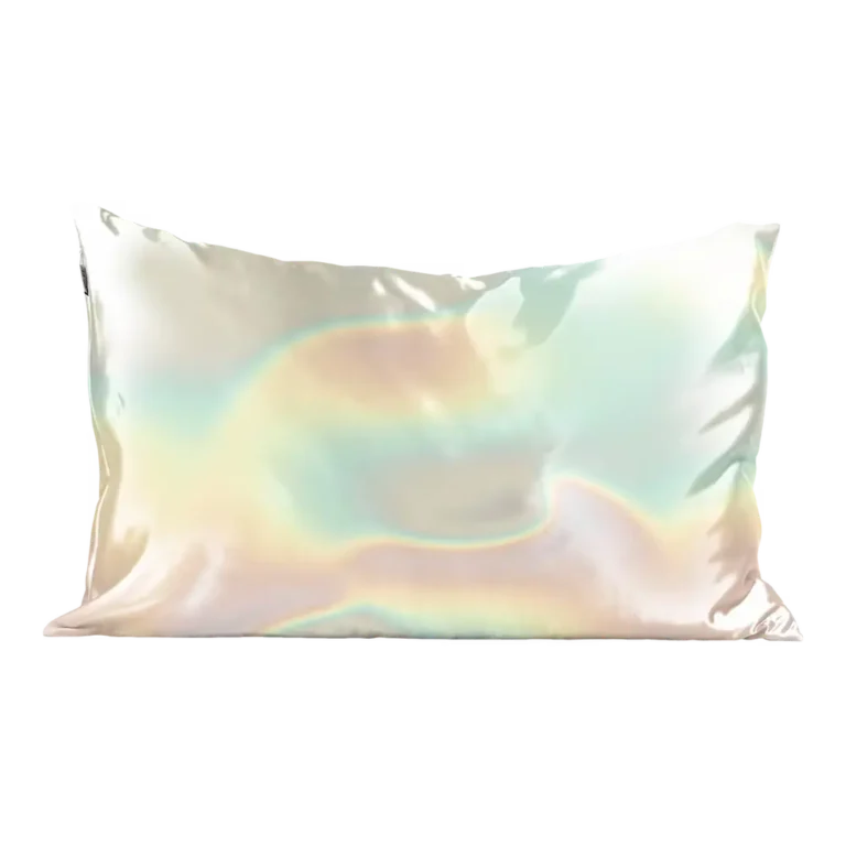 the aura pillowcase a satin rainbow oil slick pattern to keep hair smooth