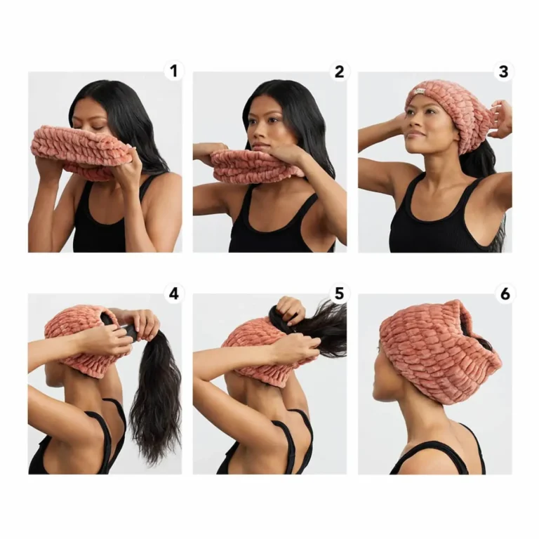 a step by step tutorial showing how to use the extra wide spa headband by kitsch to keep skincare off your hair