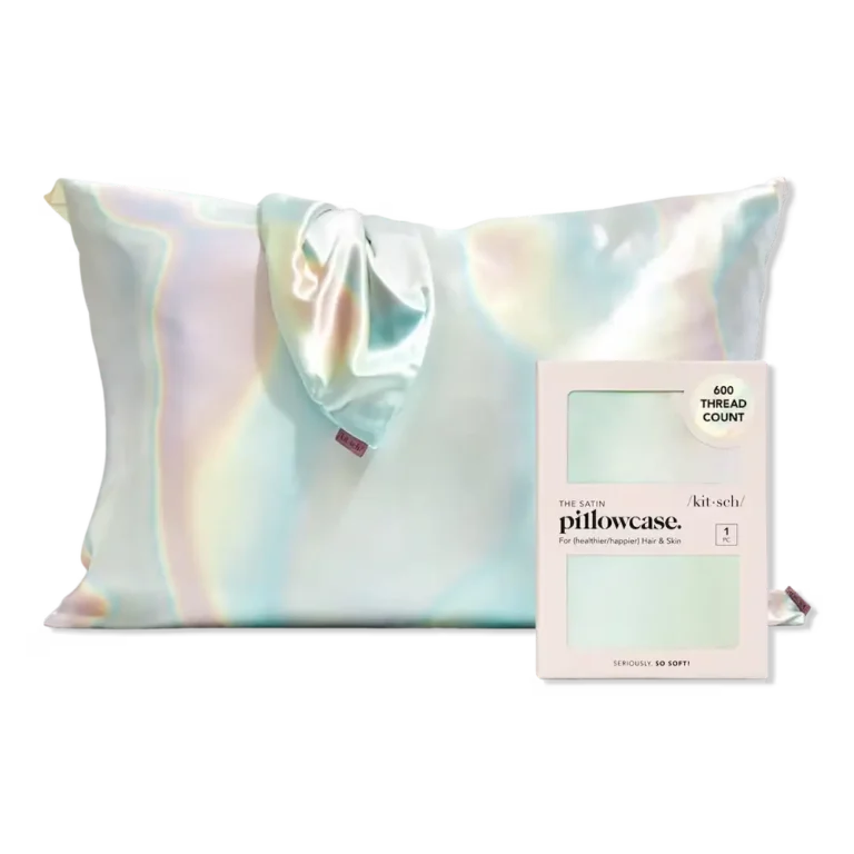 a pillowcase displayed next to it's packaged sibling with a pastel rainbow oil slick pattern