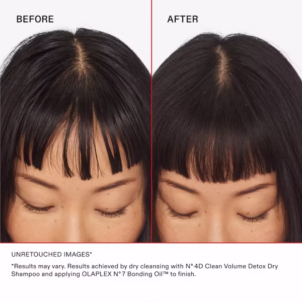 a before and after showing a womans bangs greasy and stringy looking super thin and the after shows the bangs looing full and fresh with no white powdery residue