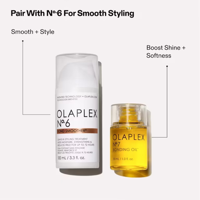 a flatlay of the white olaplex no6 bond smoother and the no 7 bonding oil smoothing combo