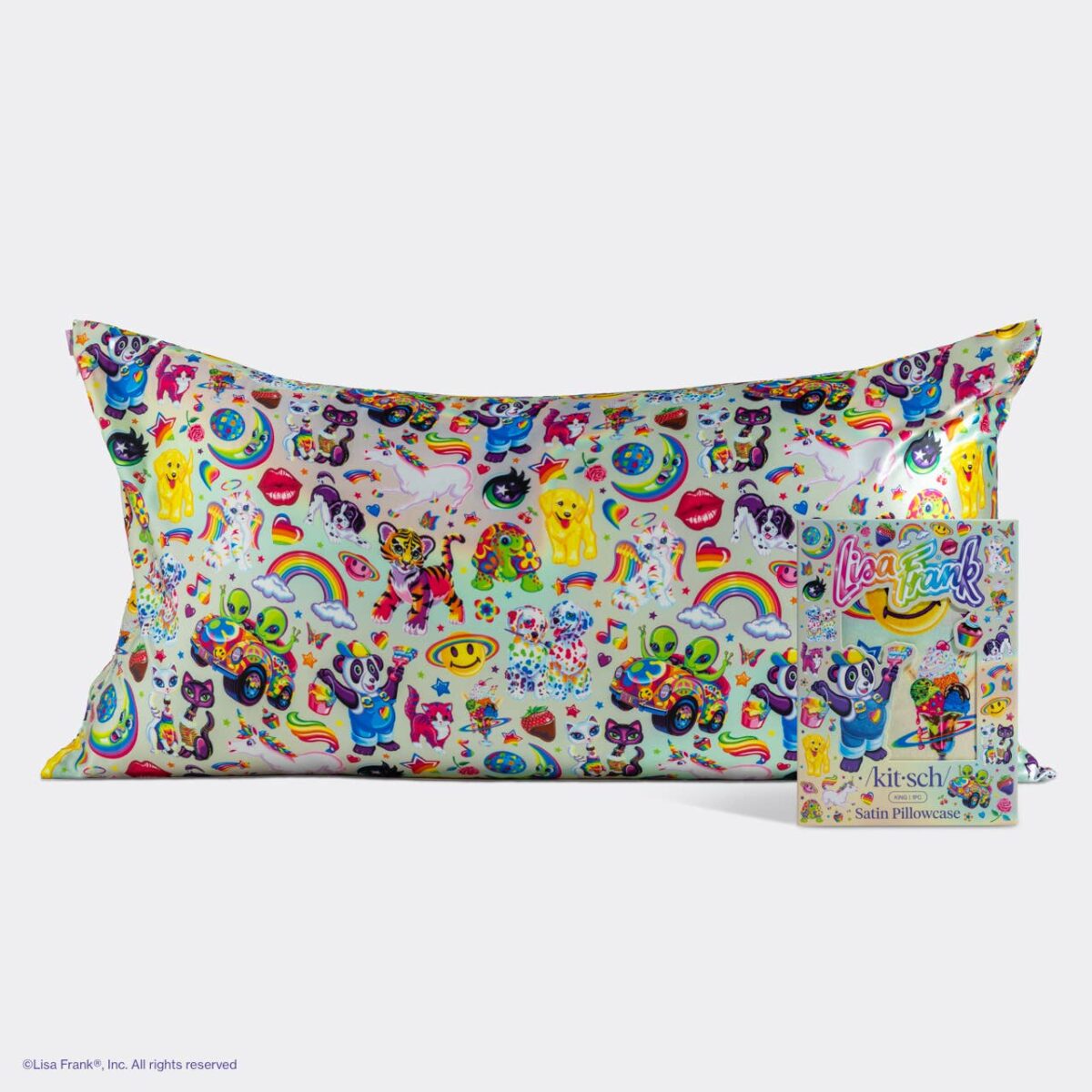 Lisa Frank x Kitsch satin pillowcase with a vibrant character pattern and its retail packaging