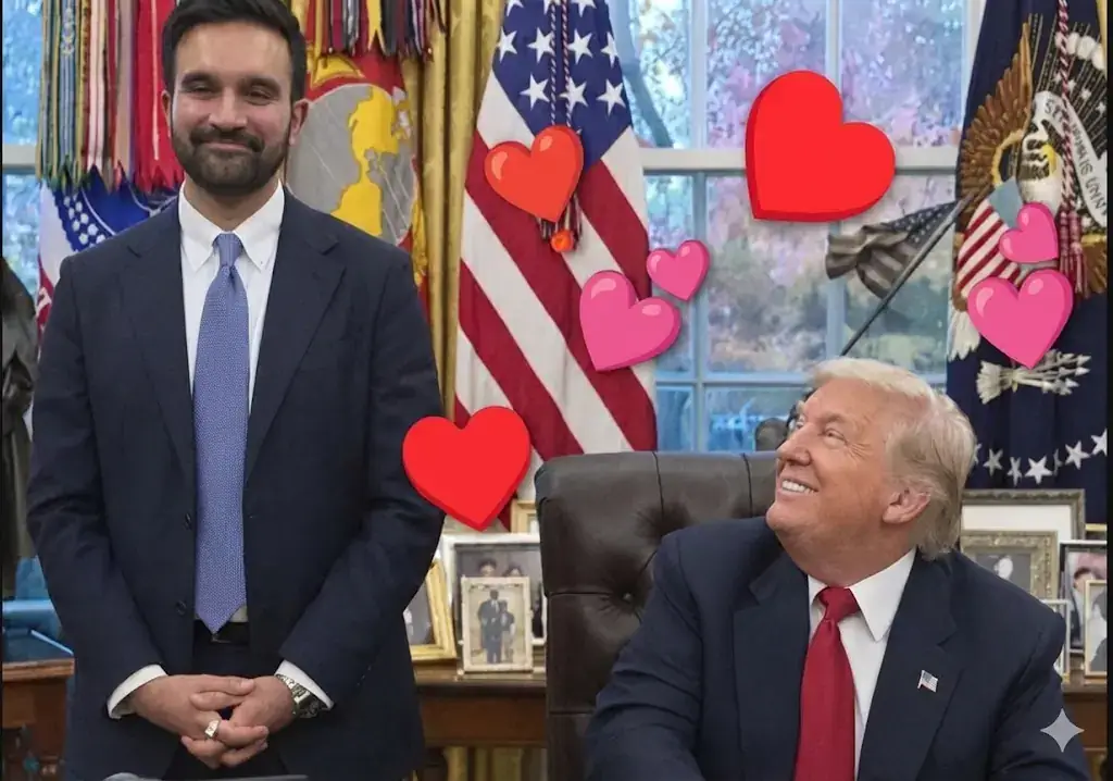 a sad old man looks longingly at his latest crush. the handsome man smiles knowingly that the sad old man is eating out of his hand. they are in the oval office.