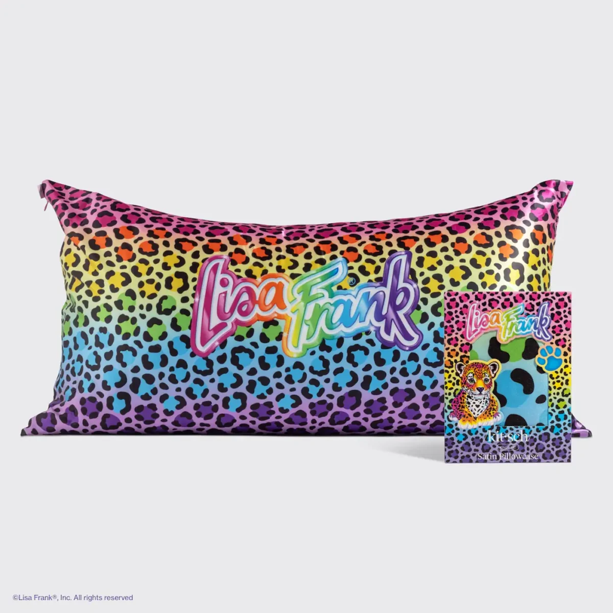 the front of a king size rainbow leopard pillowcase that is satin lisa frank