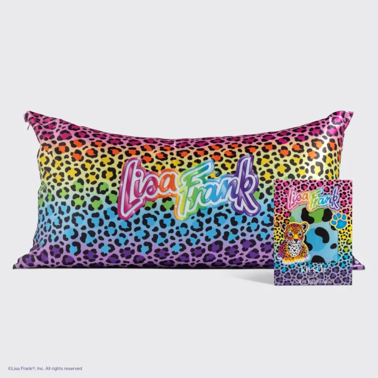 the front of a king size rainbow leopard pillowcase that is satin lisa frank