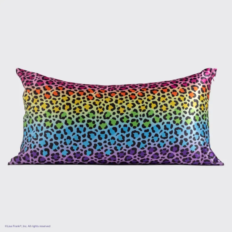 the backside of a king size rainbow leopard pillowcase that is satin