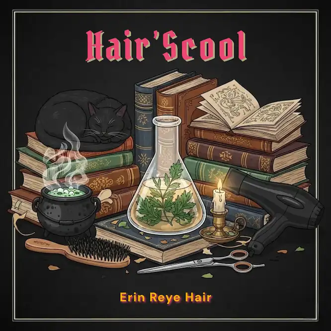 an illustration of ritual tools for hair school at ukiahs' hair and scalp solution studio, erin reye hair. blow dryer, books, beaker, black cat. magic rituals involving advanced education and alchemy. hair repair, scalp care, haircuts, represented in image form.