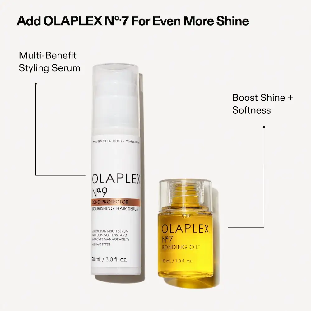a bottle of olaplex no-9 serum next to a bottle of the no-7 oil showing that you can add the oil to the serum for more shine.